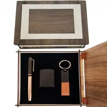 Özel Ahşap Kutulu Bakır Roller Kalem, Anahtarlık ve Çakmak Set