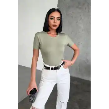 Rahat Ve Şık Kısa Kollu Bisiklet Yaka Likralı Viskon Penye Body Haki