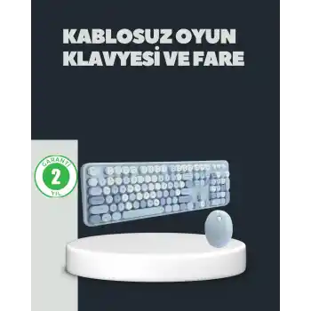 Retro Daktilo Stilli Kablosuz Klavye Mouse Seti – Sessiz ve Şık
