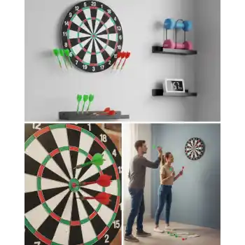 Şık Tasarımlı 15 İnç Dart Tahtası Metal Uçlu 4 Ok Seti