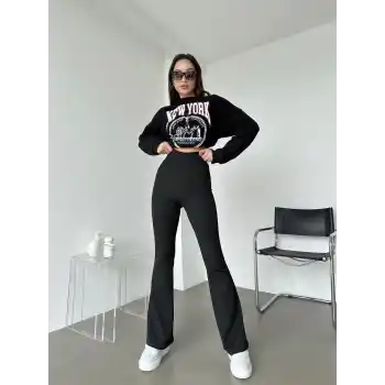 Şık Ve Rahat Yüksek Bel İspanyol Paça Fitilli Toparlayıcı Siyah Tayt