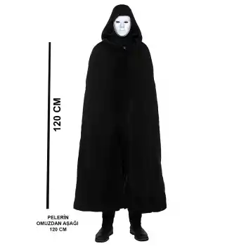 Siyah Kapüşonlu 120 cm Pelerin ve Beyaz Boyanabilir Tam Yüz Maske