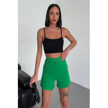 Tarz ve Rahatlığı Bir Arada Sunan Yüksek Bel Esnek Likralı Krep Şort Yeşil