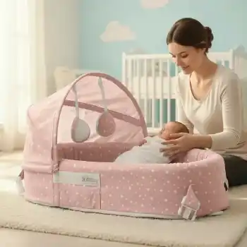 Taşınabilir Portatif Bebek Yatağı,Sırt Çantasına Dönüşebilen Portatif Bebek Beşiği (Pembe)