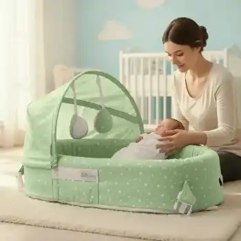 Taşınabilir Portatif Bebek Yatağı,Sırt Çantasına Dönüşebilen Portatif Bebek Beşiği (Yeşil)