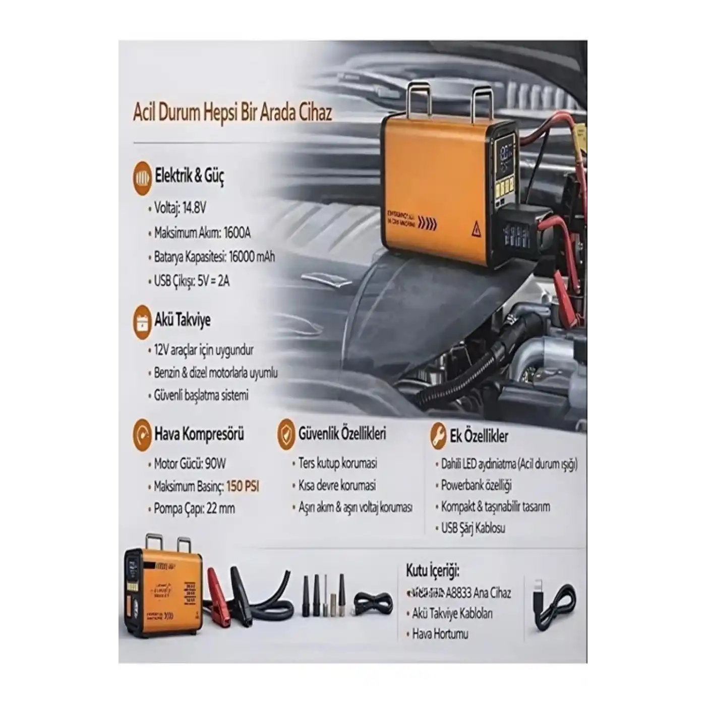 16.000 Mah 5’i 1 Arada Akü Takviyeli Şarjlı Hava Pompası Powerbank Dijital Fener & Hava Üfleme