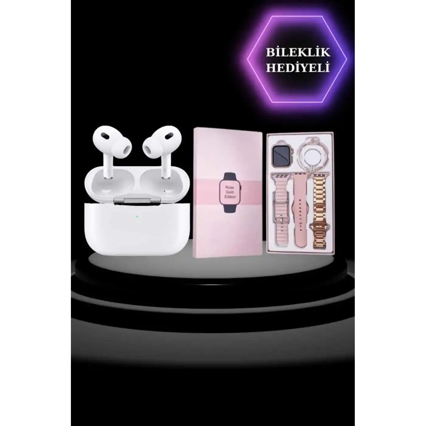 3 Kordonlu Pembe Amoled Ekran Akıllı Saat ve Yeni Nesil Pro Kablosuz Bluetooth Kulaklık ANC/ENC