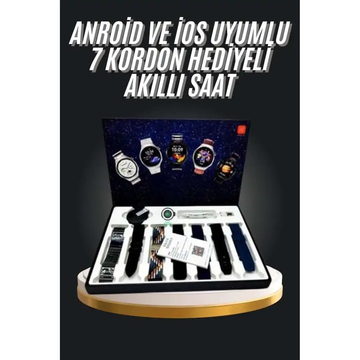 7 Kordonlu Akıllı Saat Siyah Kasa Dokunmatik Ekran Uyku ve Sağlık Takibi