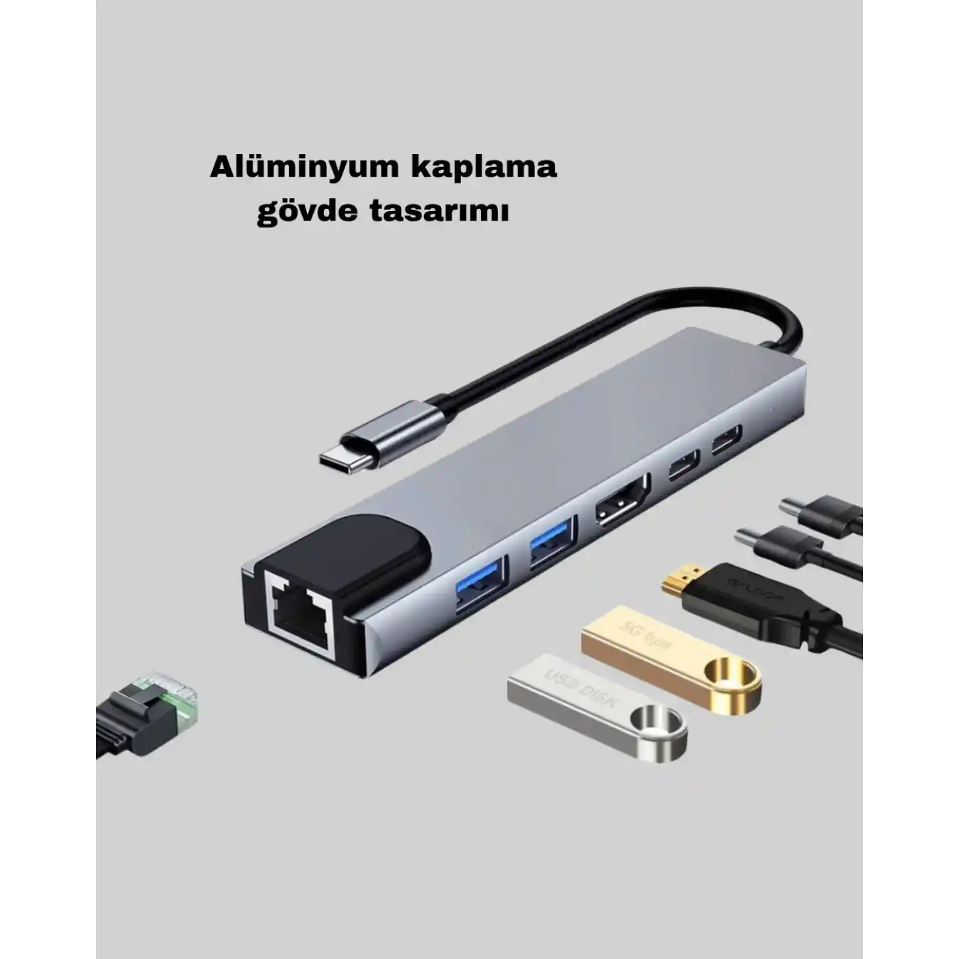 Alüminyum Kasalı MacBook USB-C Hub – 4K HDMI, USB 3.0, SD/TF Kart Girişi, PD Şarj Desteği