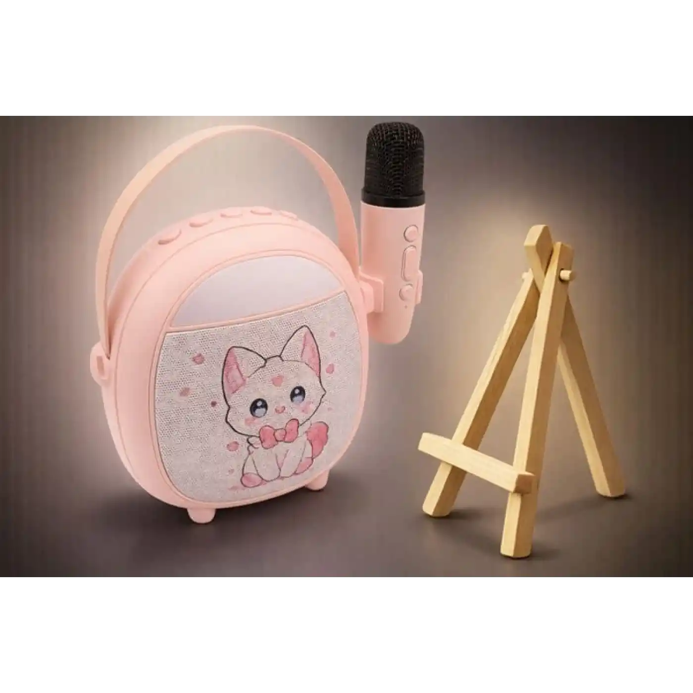 Çocuklara Özel Retro Tasarımlı Bluetooth Karaoke Mikrofon Ve Ahşap Tripodlu – Pembe