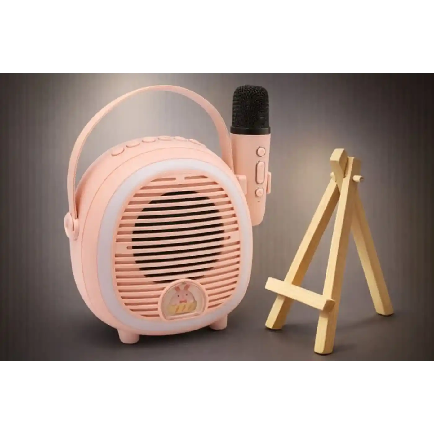 Çocuklara Özel Retro Tasarımlı Bluetooth Karaoke Mikrofon Ve Ahşap Tripodlu – Pembe