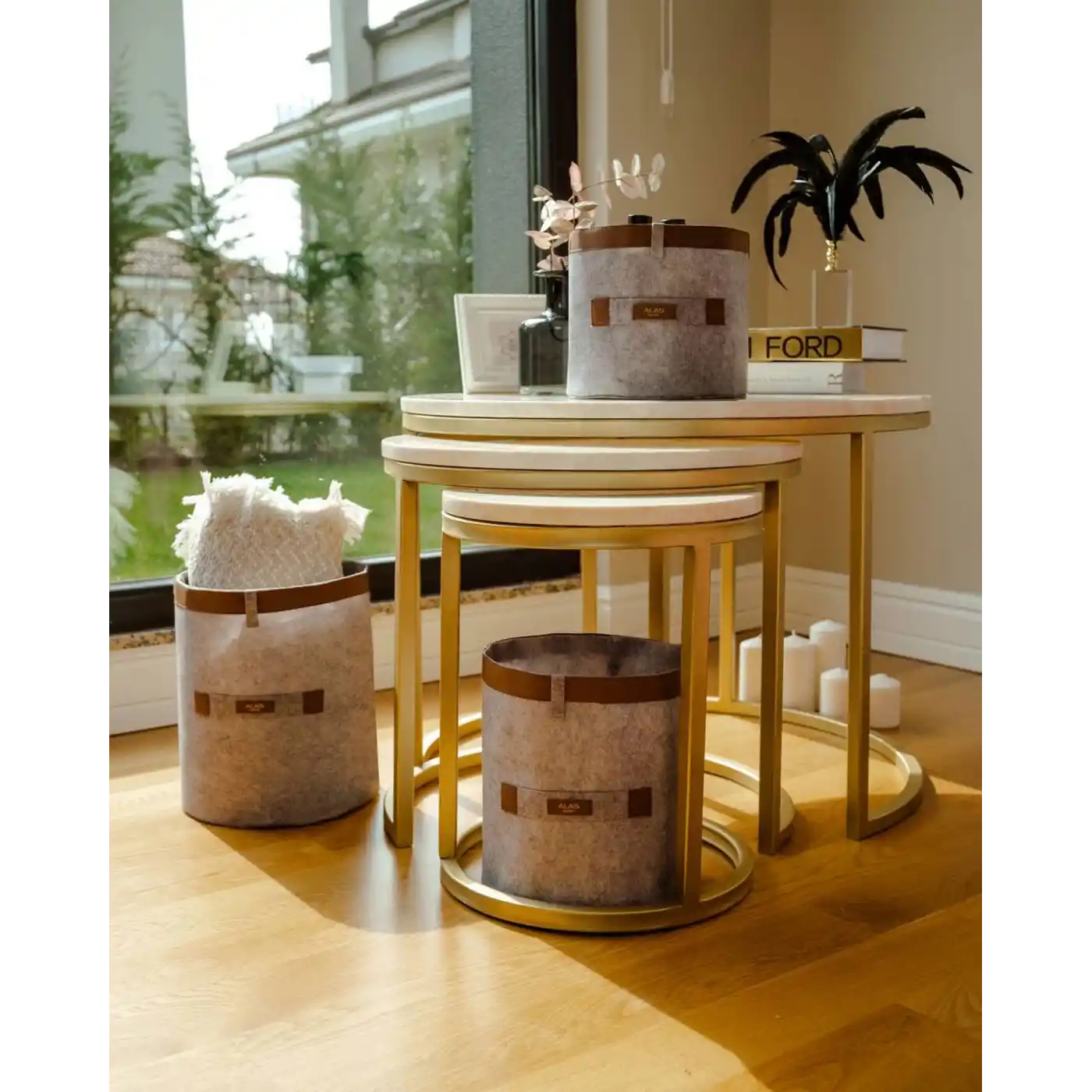 Deri Şeritli Yuvarlak Çok Amaçlı Düzenleyici Organizer Kutu Keçe Sepet (maxi) 03815