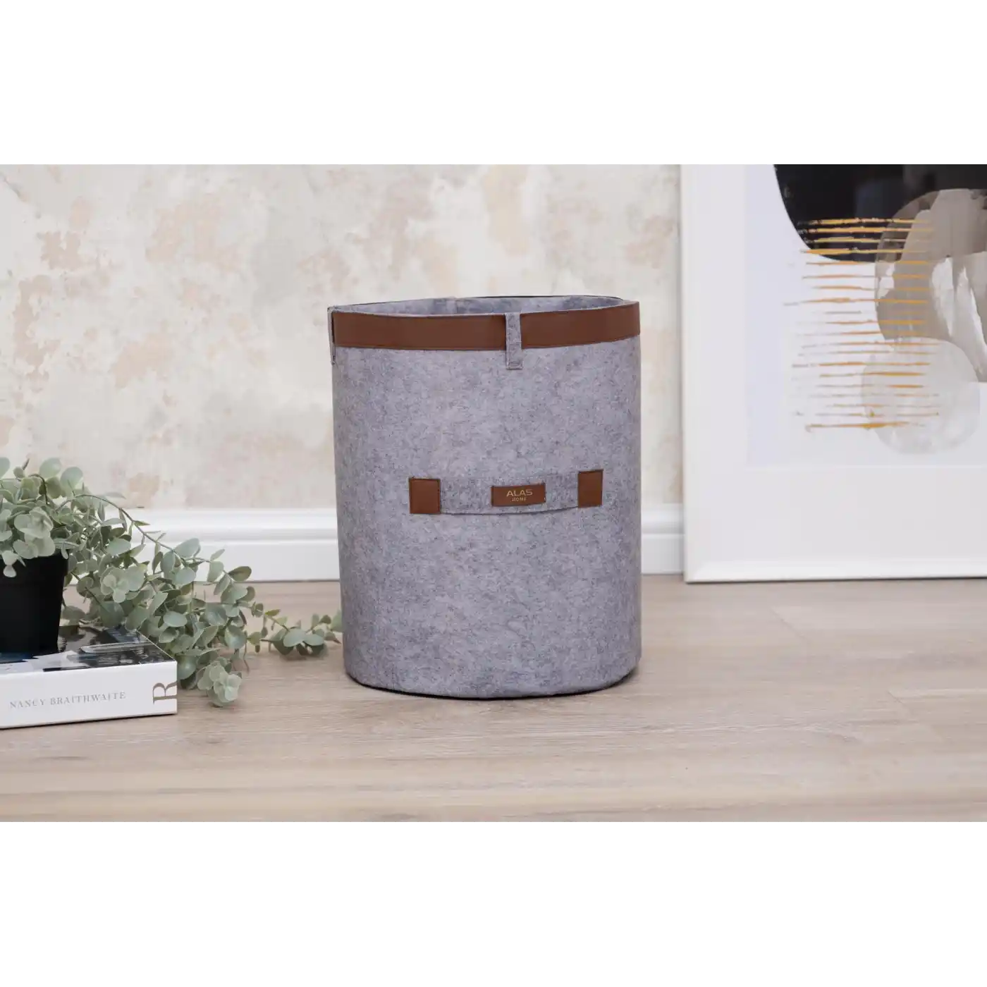 Deri Şeritli Yuvarlak Çok Amaçlı Düzenleyici Organizer Kutu Keçe Sepet (mega) 03877