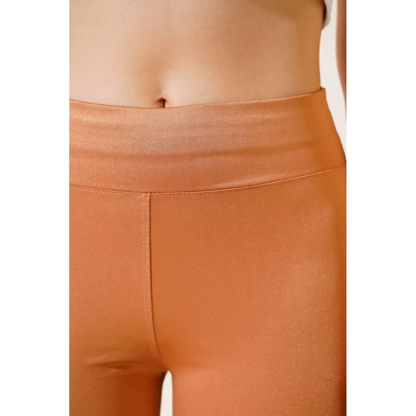 Esnek Yüksek Bel Taba Uzun Parlak Disco Tayt