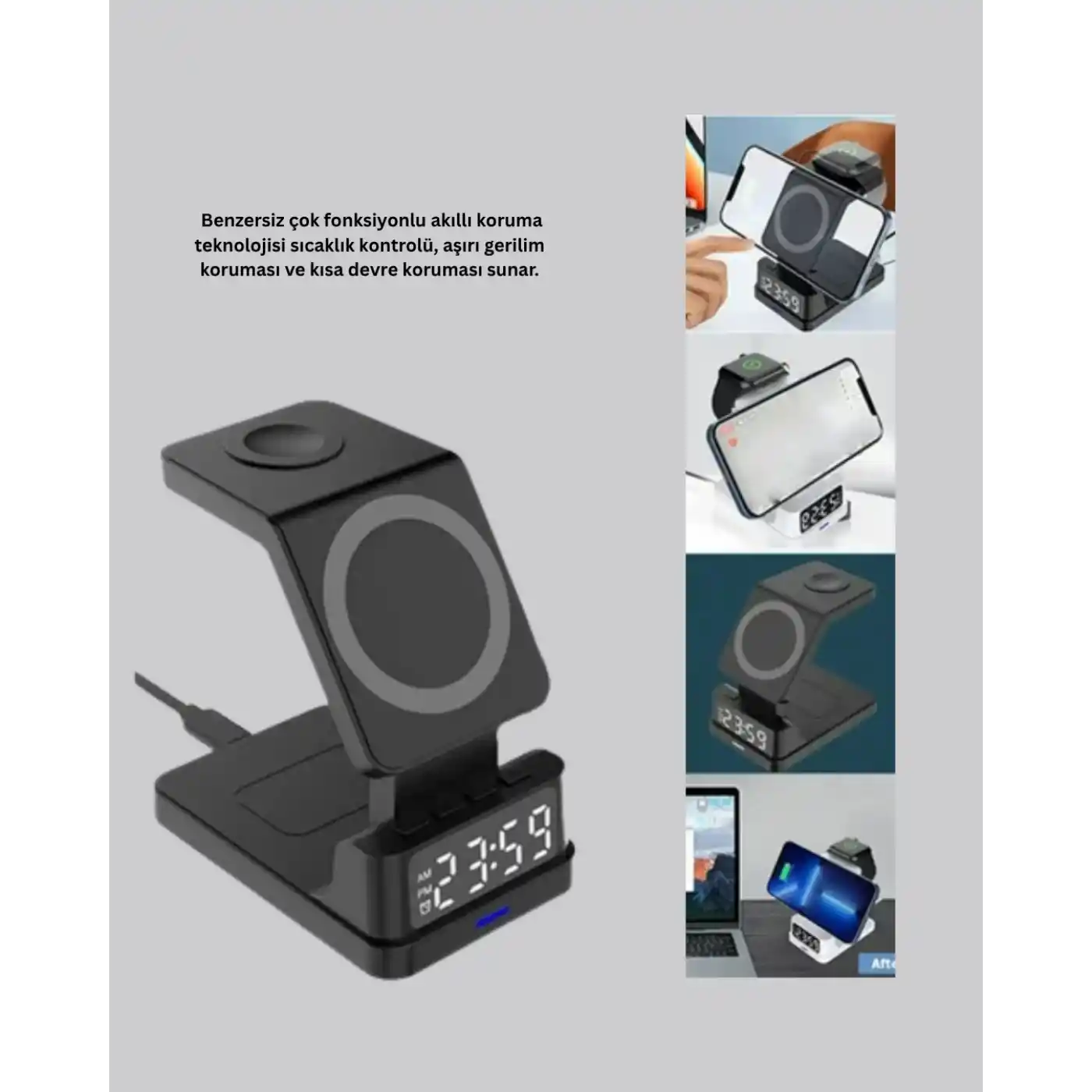 Kablosuz Şarj İstasyonu ve Dijital Saat – Apple Uyumlu, 3 Kademeli Işık Ayarı