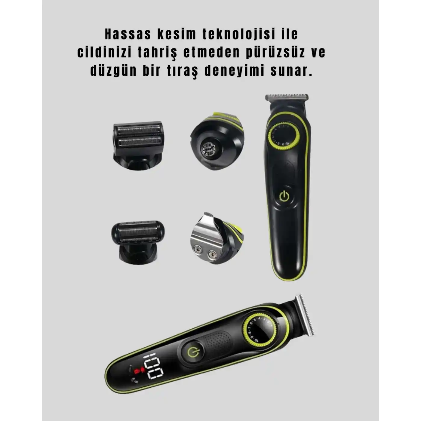 LED Ekranlı Şarjlı Saç ve Sakal Kesme Makinesi Erkek Bakım Cihazı Çok Başlıklı Set