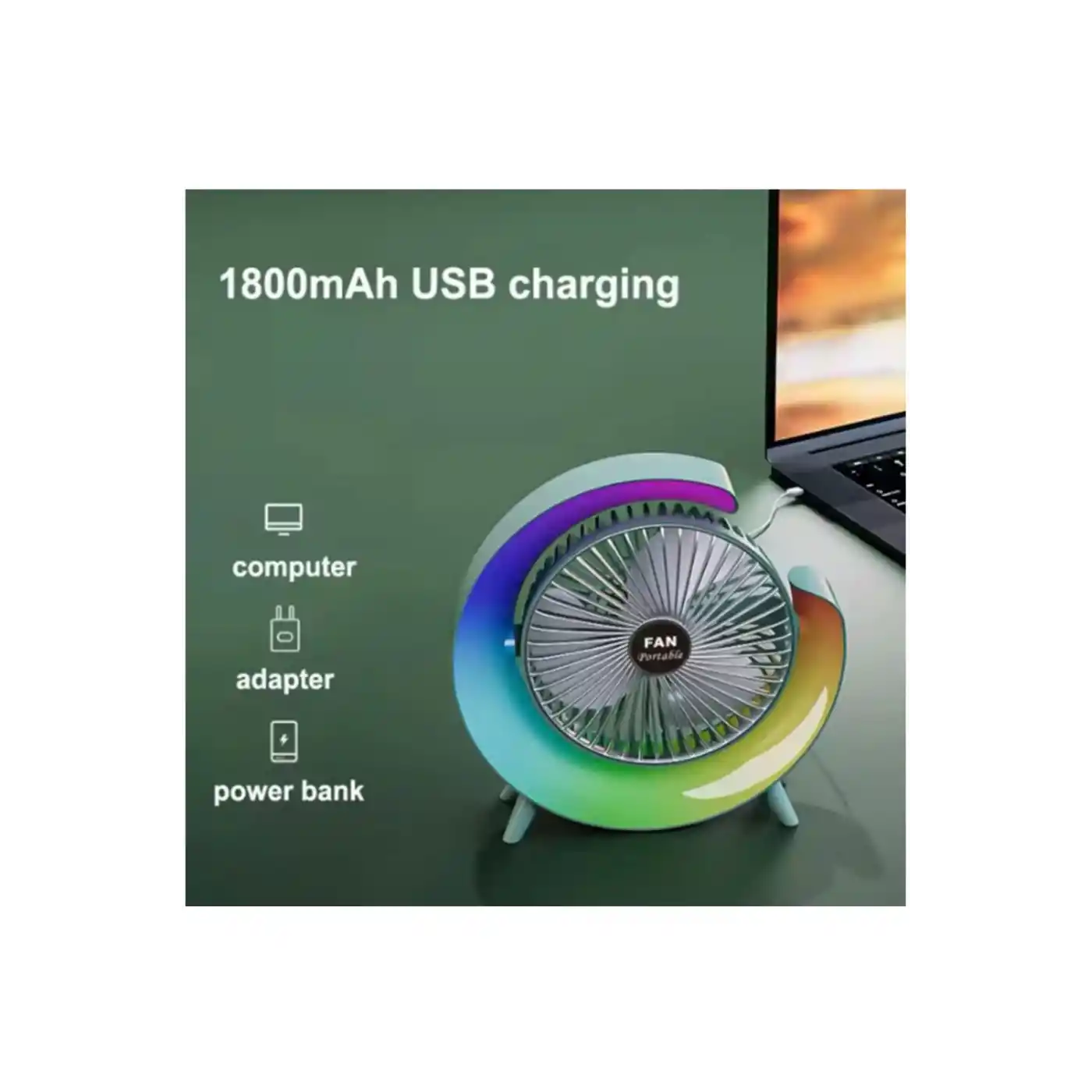Masaüstü Vantilatör Usb Şarjlı Rgb Led Işıklı 3 Kademeli 180° Ayarlanabilir Soğutucu Fan Pembe