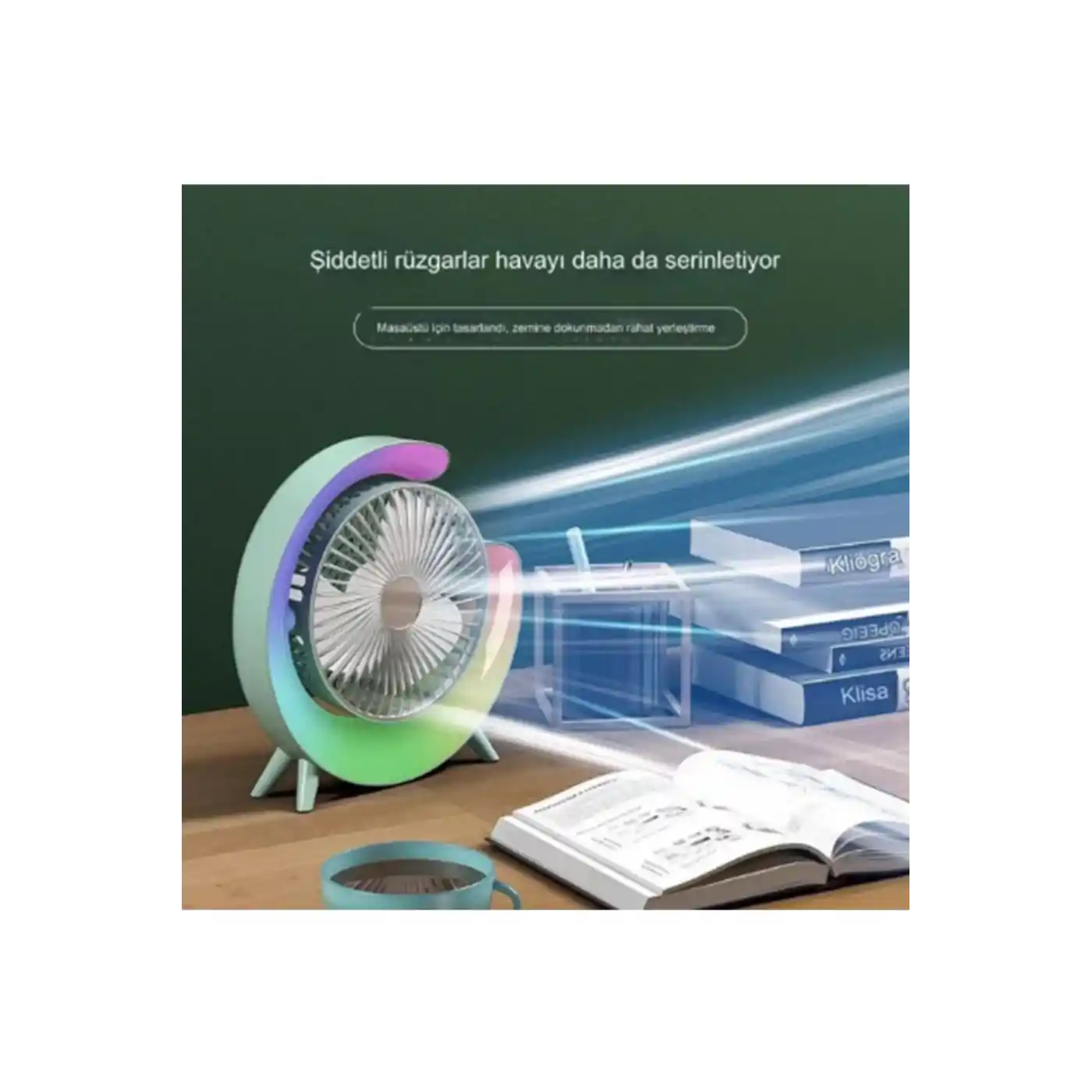 Masaüstü Vantilatör Usb Şarjlı Rgb Led Işıklı 3 Kademeli 180° Ayarlanabilir Soğutucu Fan Yeşil