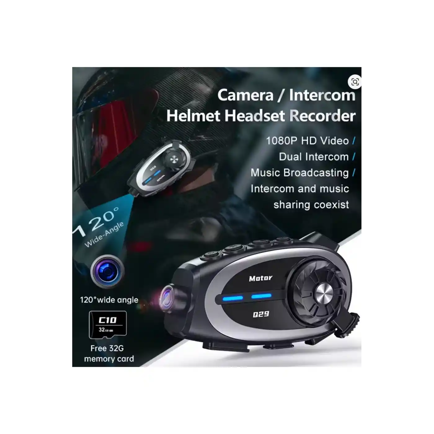 Q29 Motosiklet Kask Bluetooth Kulaklık Eşleşmeli 1080p Kamera Geniş Açı Su Geçirmez Intercom