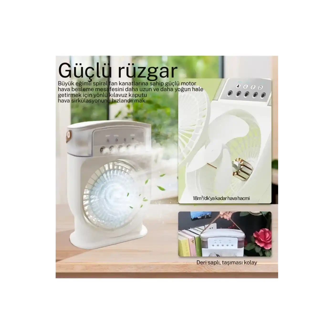 Şarjlı 600 Ml Su Hazneli Taşınabilir Masaüstü Vanilatör  Güçlü Fan Ve 2000 Mah Pil Yeşil