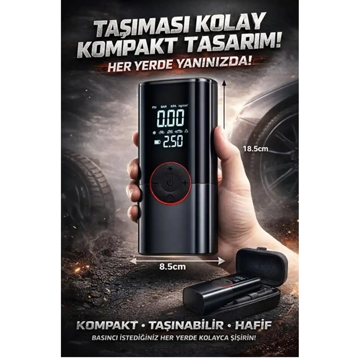 St-9650 Şarjlı 10.000 Mah Taşınabilir Araç Hava Kompresörü Akü Takviyeli Dijital Ekranlı Işıklı Çantalı