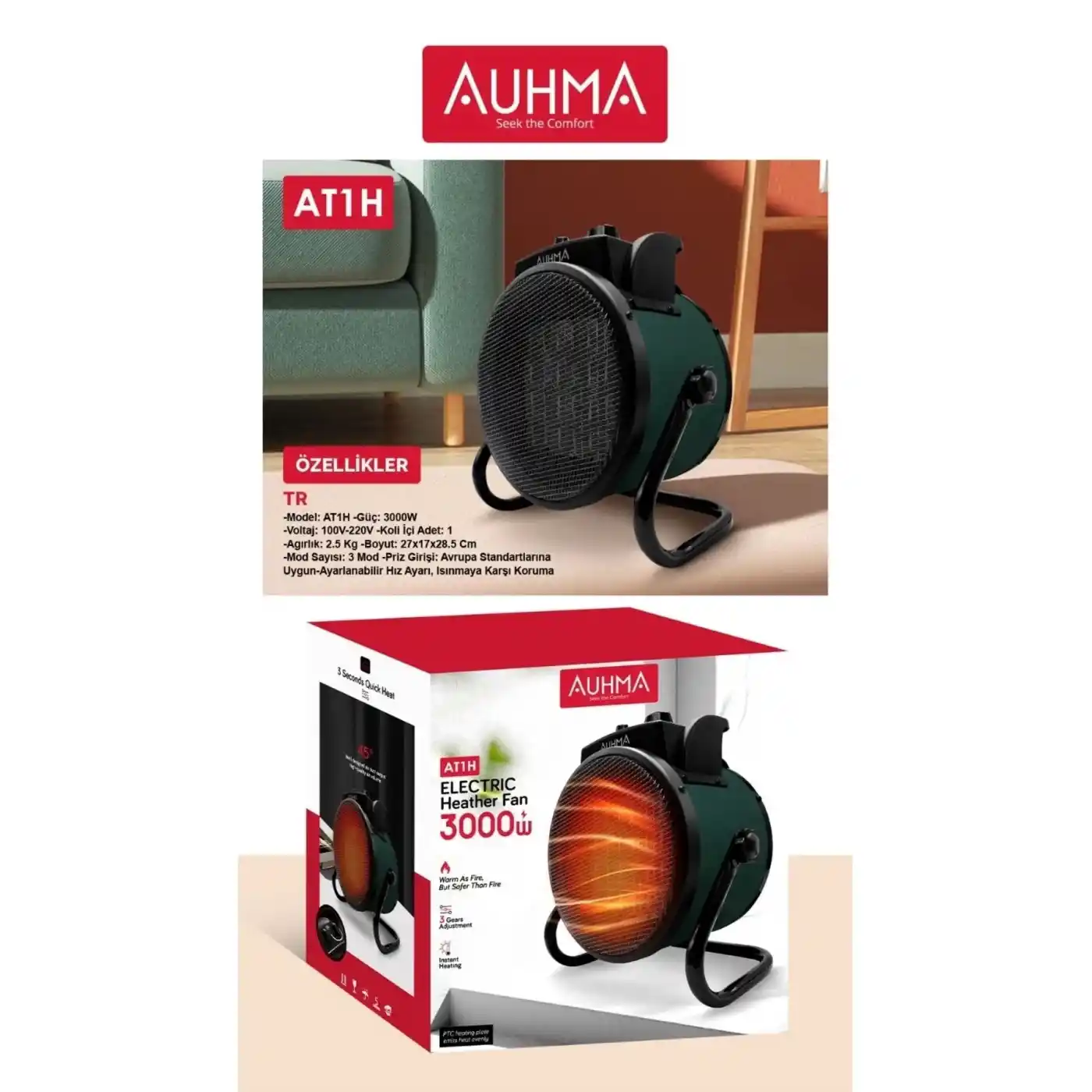 Ultra Güçlü 3000 Watt Taşınabilir Elektrikli Portatif Isıtıcı Soba Sıcak Hava Üfleyen Fan Radyatör