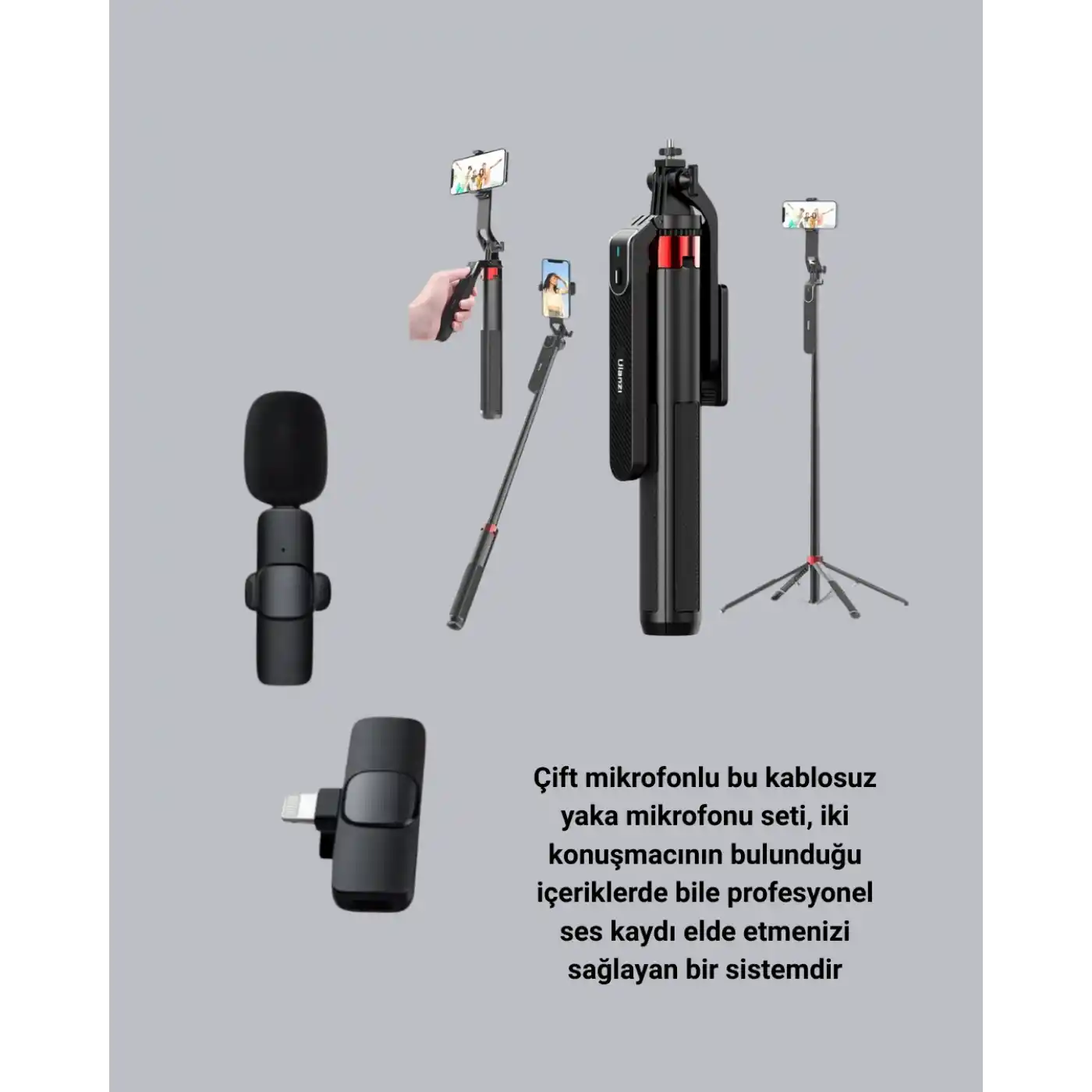 Vlog ve Canlı Yayın İçin Çift Yaka Mikrofonu ve Tripodlu Selfie Çubuğu Seti