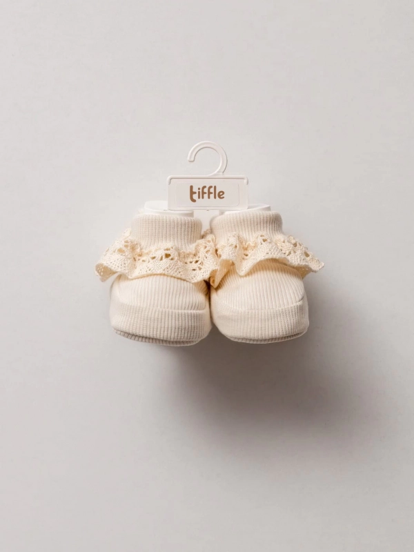 Pamuklu Kaşkorse Bebek Patik Çorap | Dantelli ekru