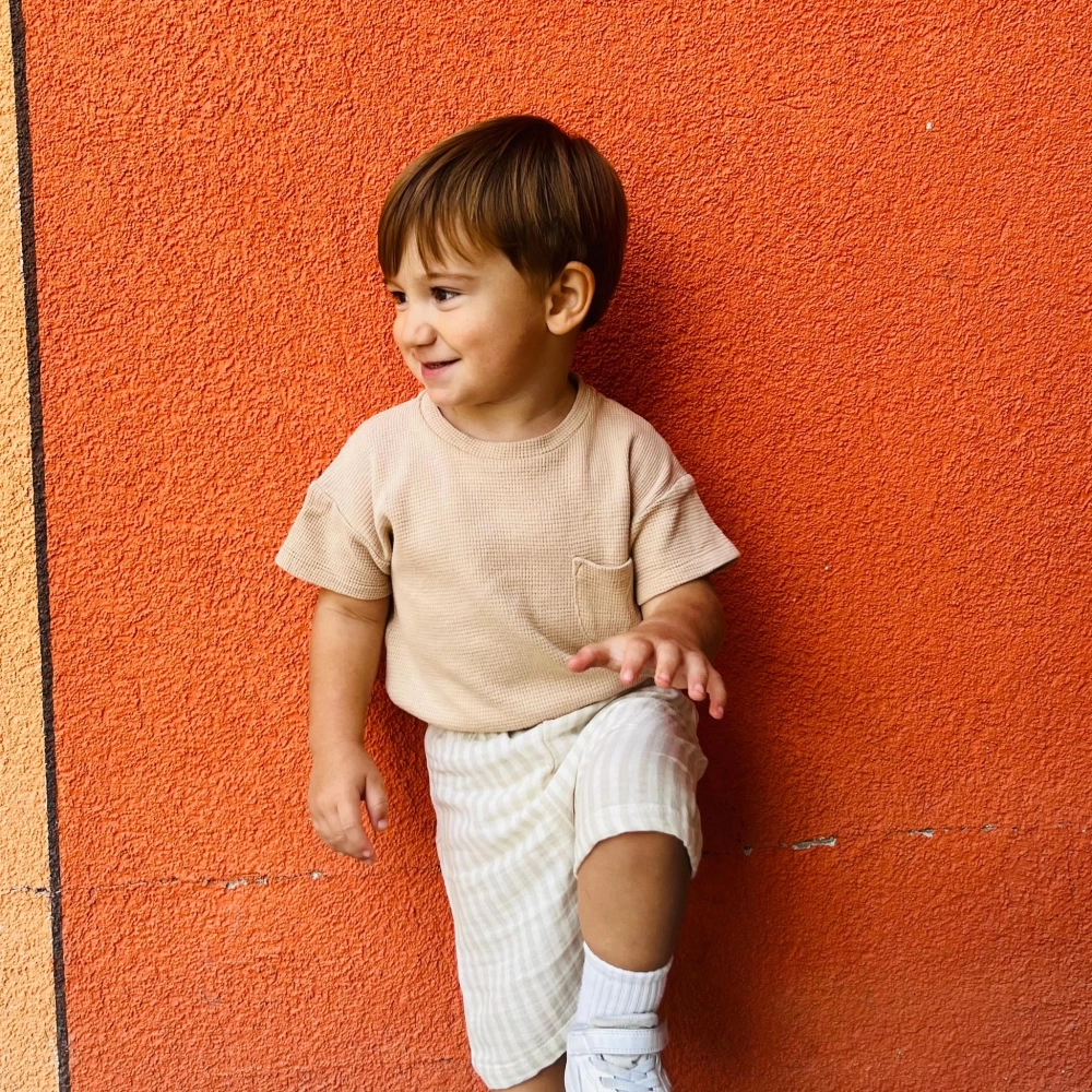 %100 Organik Pamuklu Müslin Çizgili Çocuk Şortu | Bej