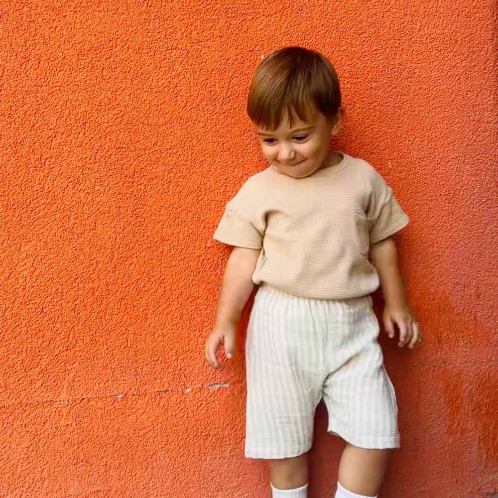%100 Organik Pamuklu Müslin Çizgili Çocuk Şortu | Bej