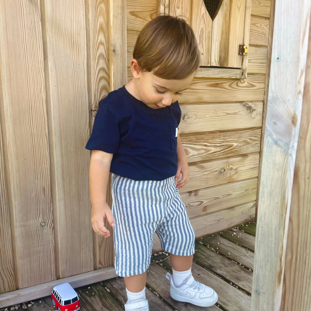 %100 Organik Pamuklu Müslin Çizgili Çocuk Şortu | Lacivert
