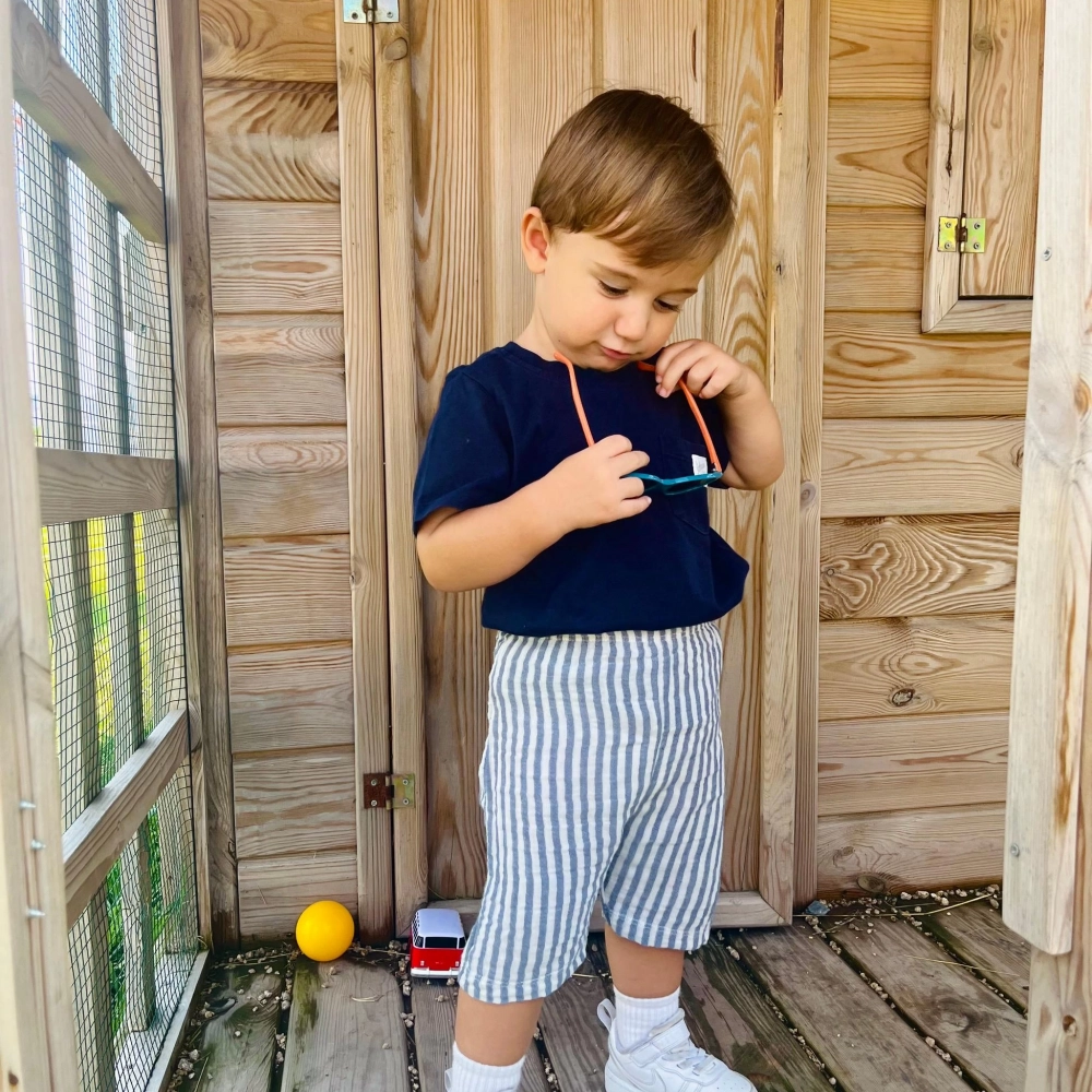 %100 Organik Pamuklu Müslin Çizgili Çocuk Şortu | Lacivert