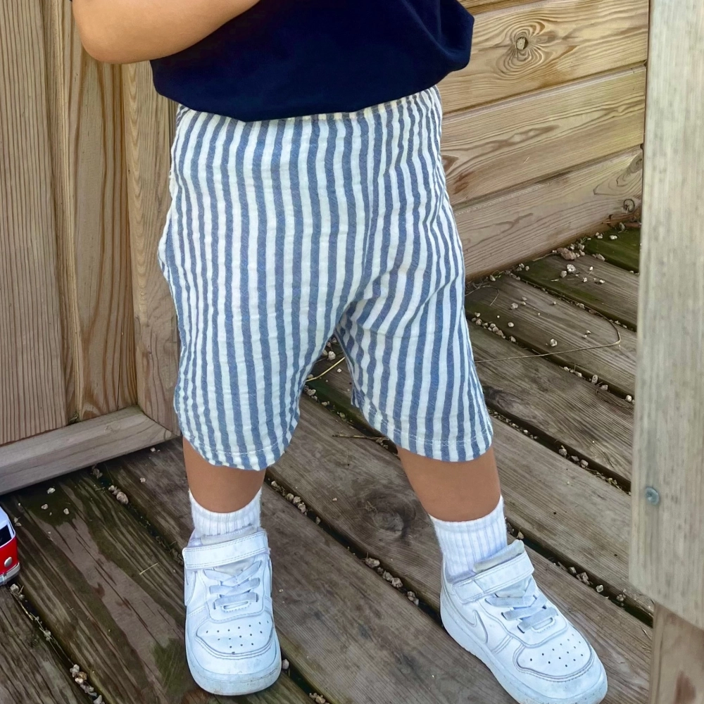 %100 Organik Pamuklu Müslin Çizgili Çocuk Şortu | Lacivert