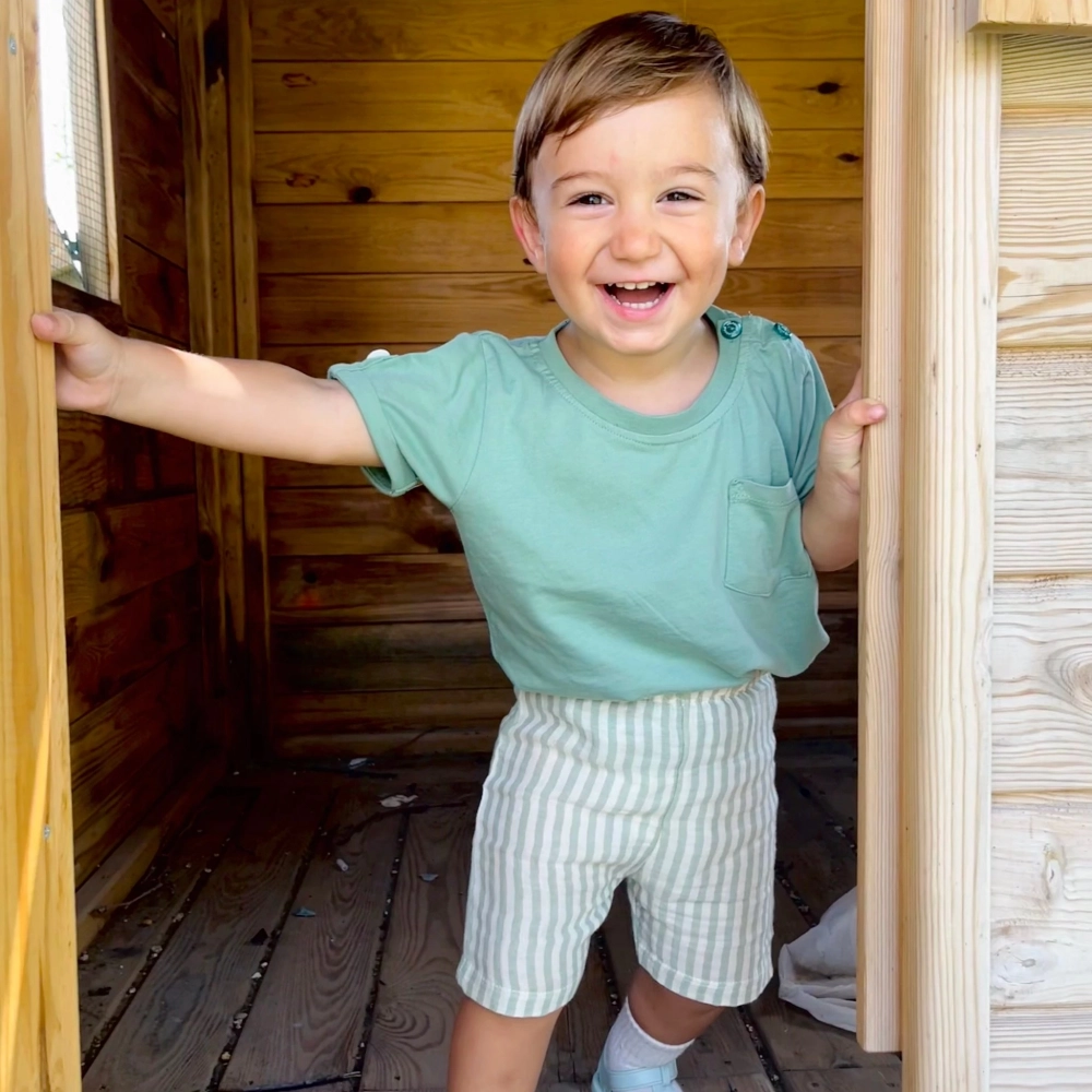 %100 Organik Pamuklu Müslin Çizgili Çocuk Şortu | Yeşil