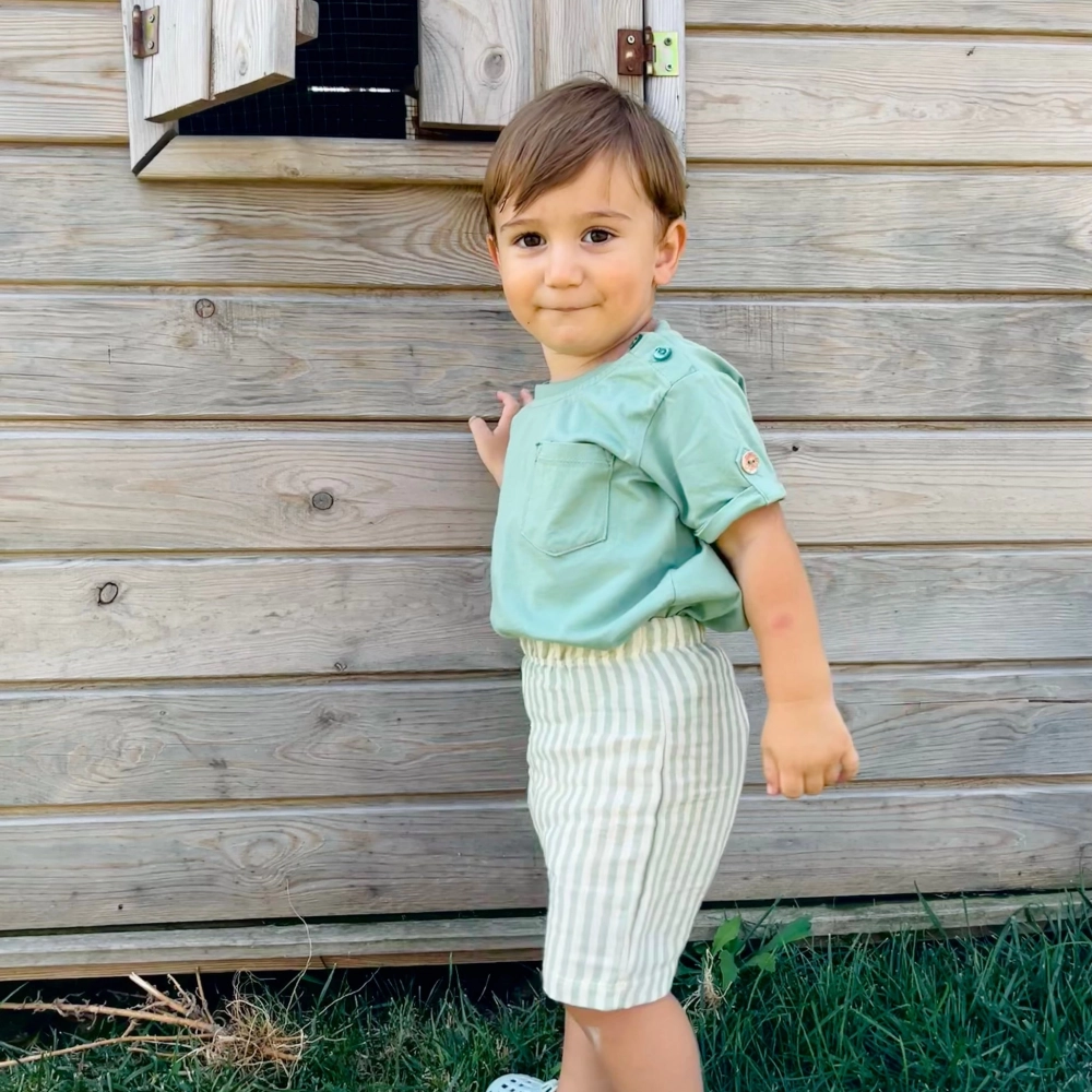 %100 Organik Pamuklu Müslin Çizgili Çocuk Şortu | Yeşil