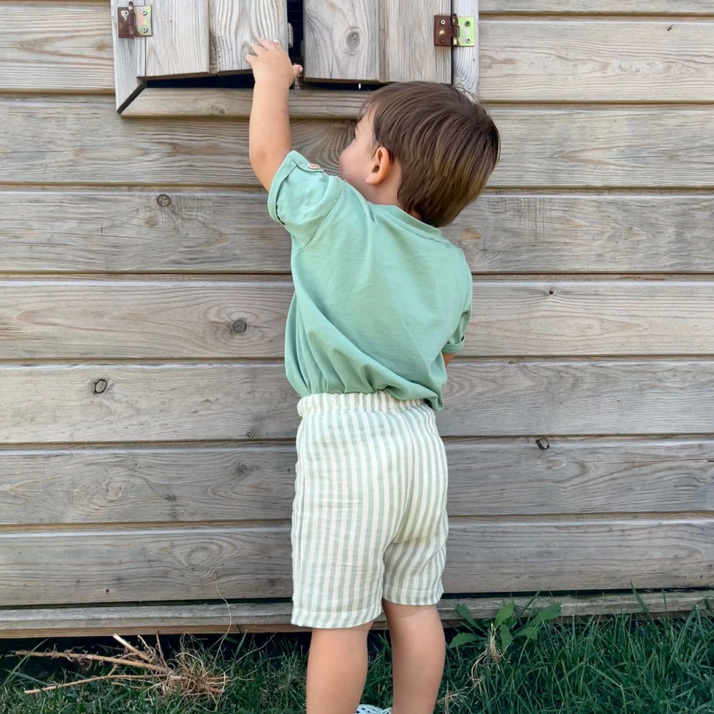 %100 Organik Pamuklu Müslin Çizgili Çocuk Şortu | Yeşil