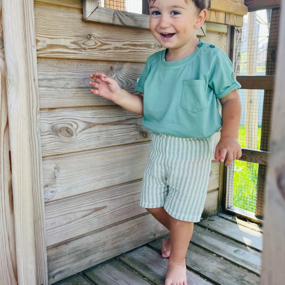 %100 Organik Pamuklu Müslin Çizgili Çocuk Şortu | Yeşil