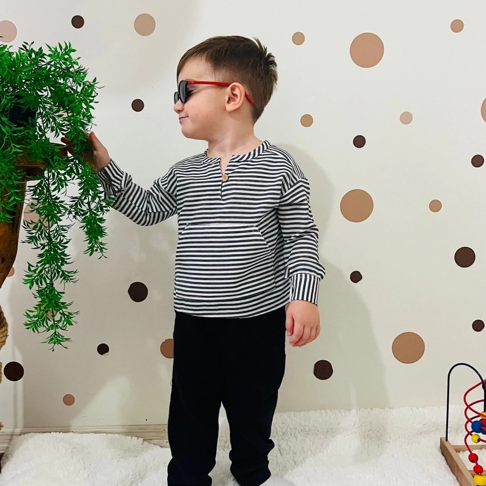 % 100 Organik Pamuklu Müslin Takım Çizgili  | Siyah