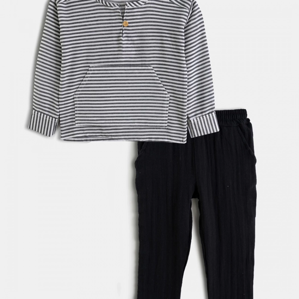 % 100 Organik Pamuklu Müslin Takım Çizgili  | Siyah