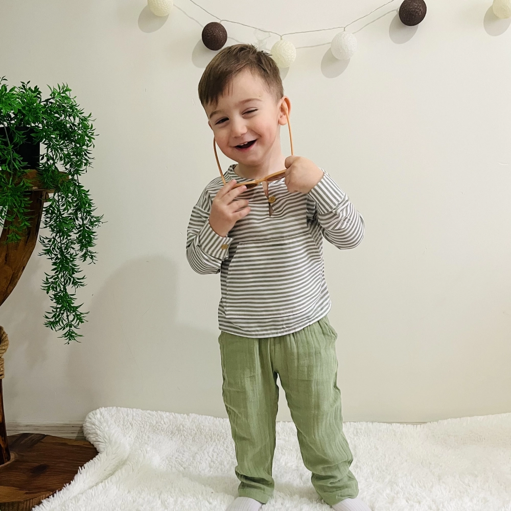 % 100 Organik Pamuklu Müslin Takım Çizgili | Yeşil