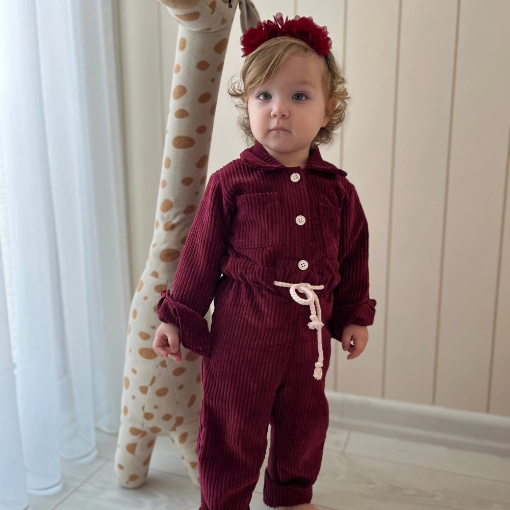 %100 Pamuk Kadife Tulum Bordo Kız Çocuk