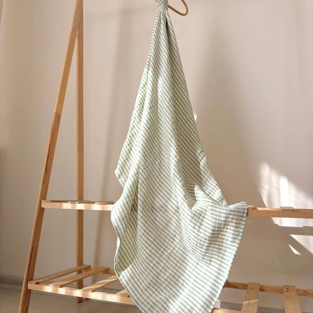 Çizgili Çift Katlı Müslin Bebek Örtüsü | %100 Organik Pamuk | Yeşil çizgili