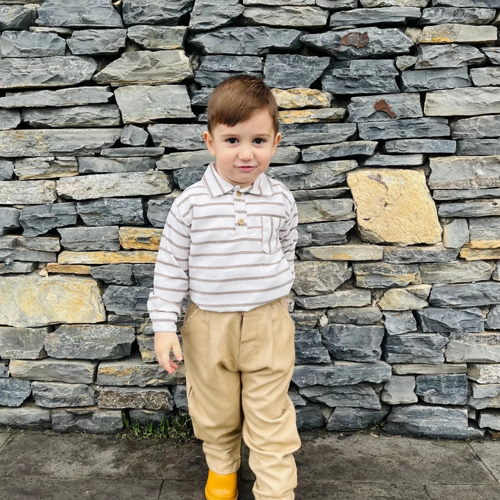 Kahverengi Çizgili Gömlekli Dokuma Çocuk Takım