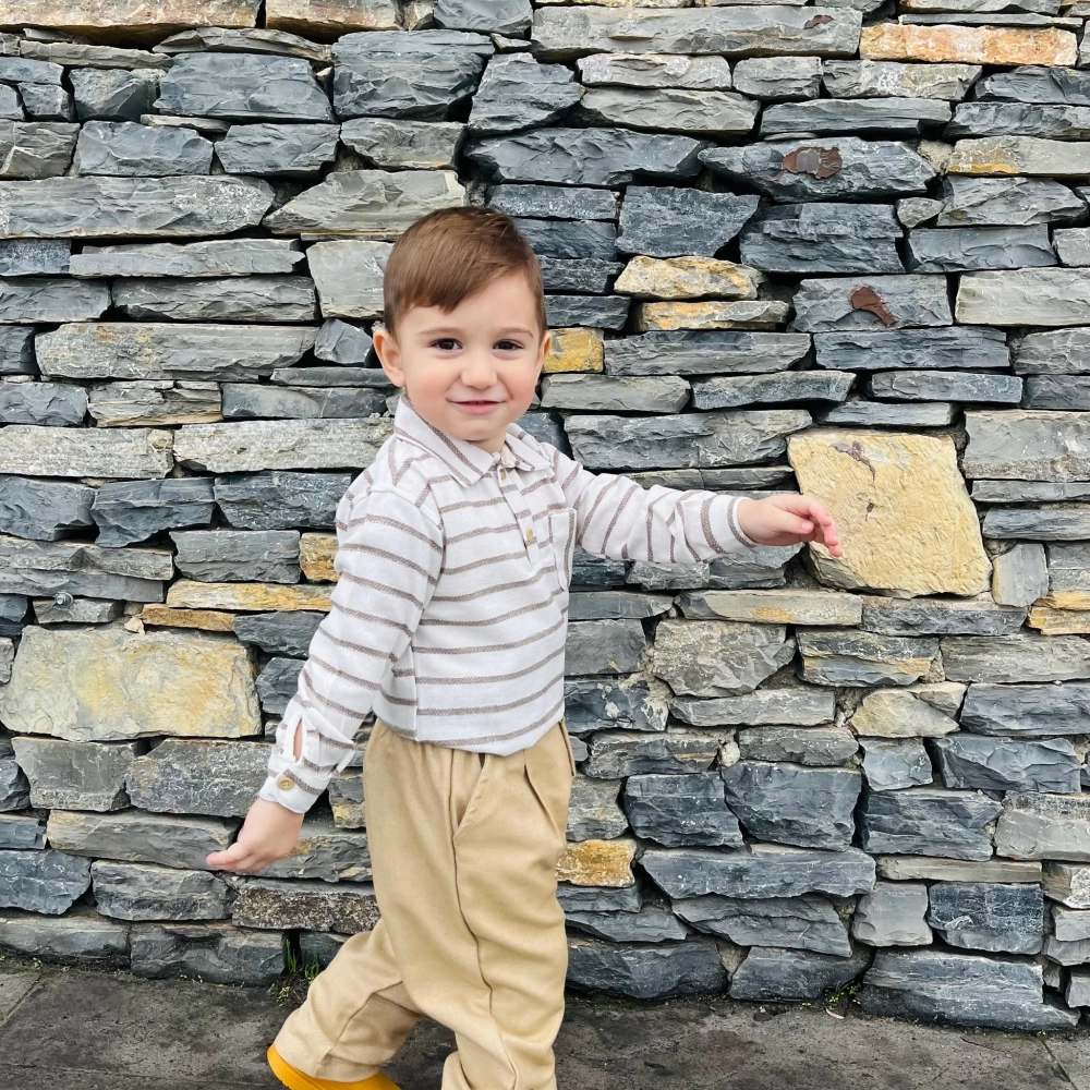 Kahverengi Çizgili Gömlekli Dokuma Çocuk Takım