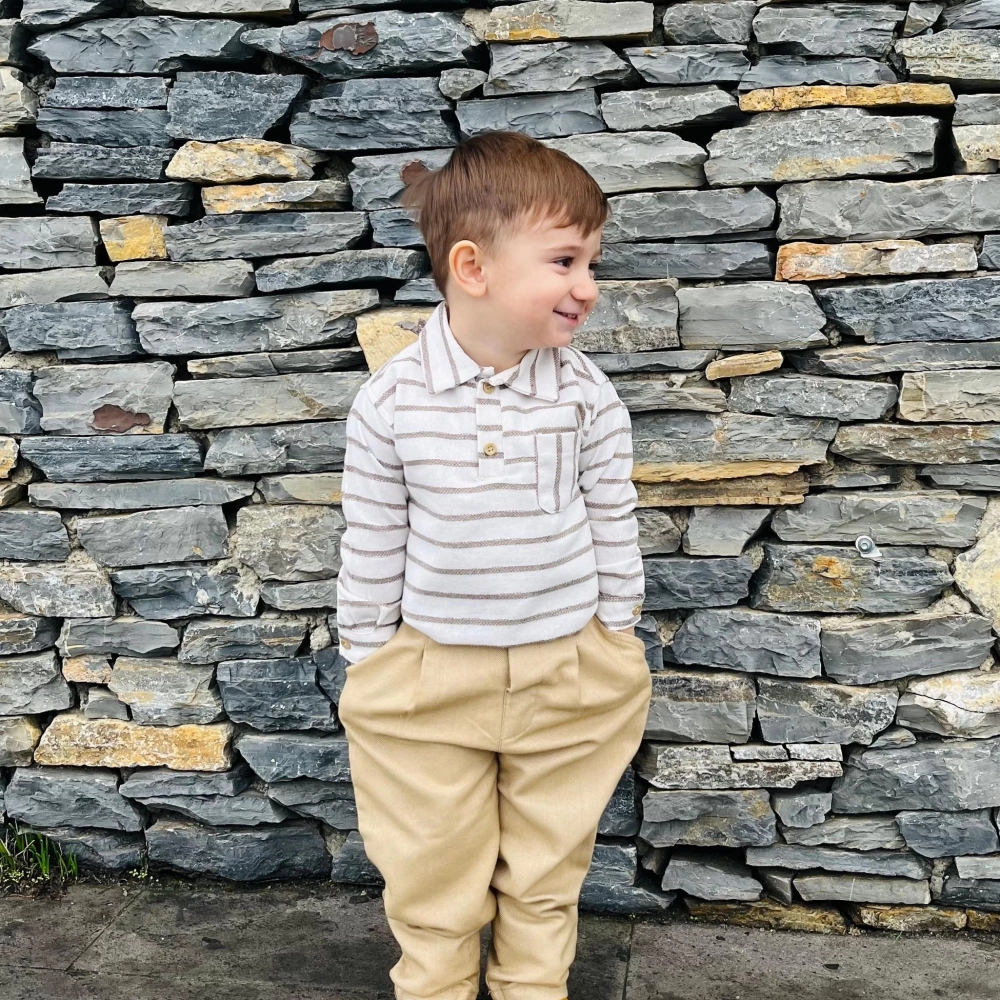 Kahverengi Çizgili Gömlekli Dokuma Çocuk Takım