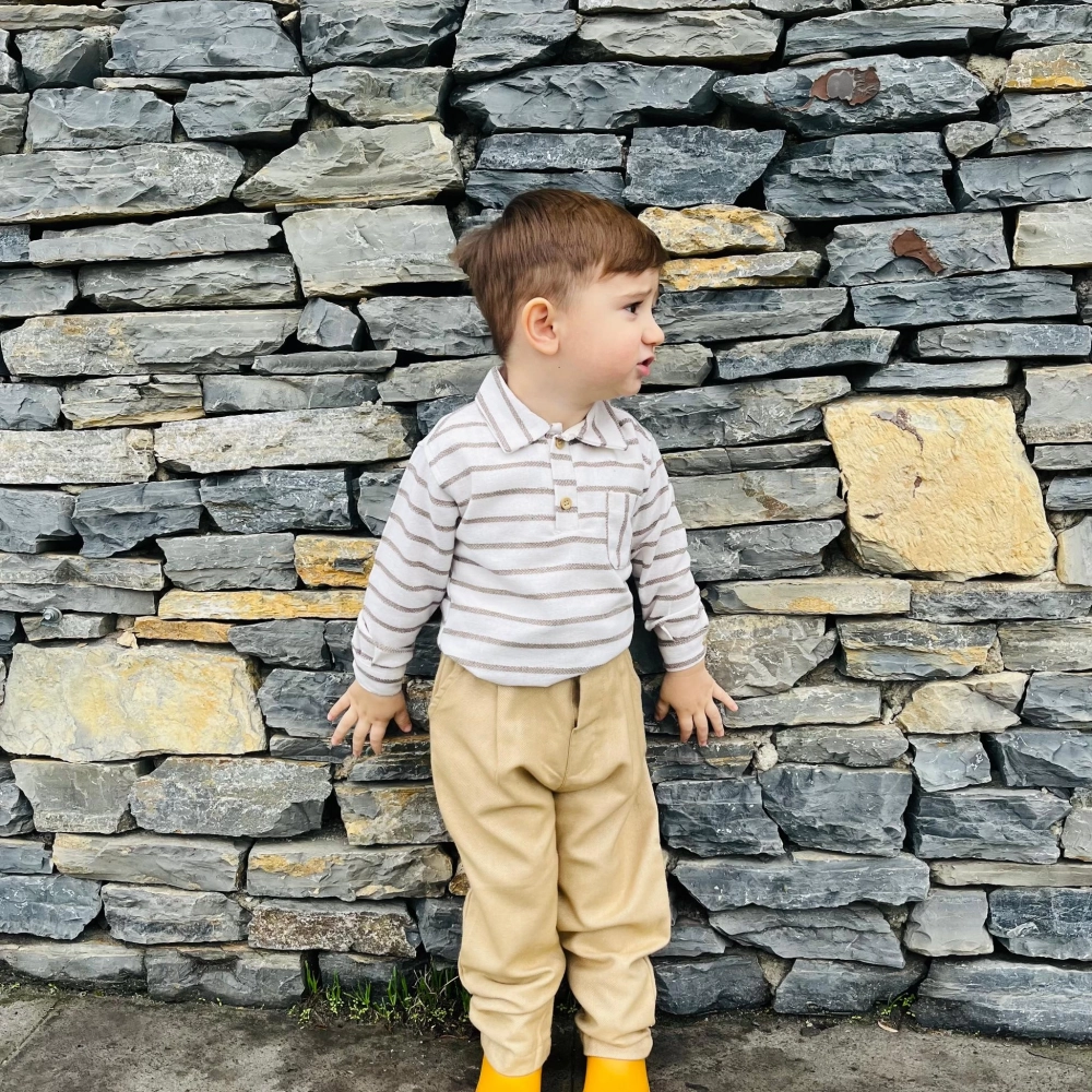 Kahverengi Çizgili Gömlekli Dokuma Çocuk Takım