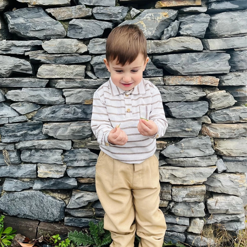 Kahverengi Çizgili Gömlekli Dokuma Çocuk Takım