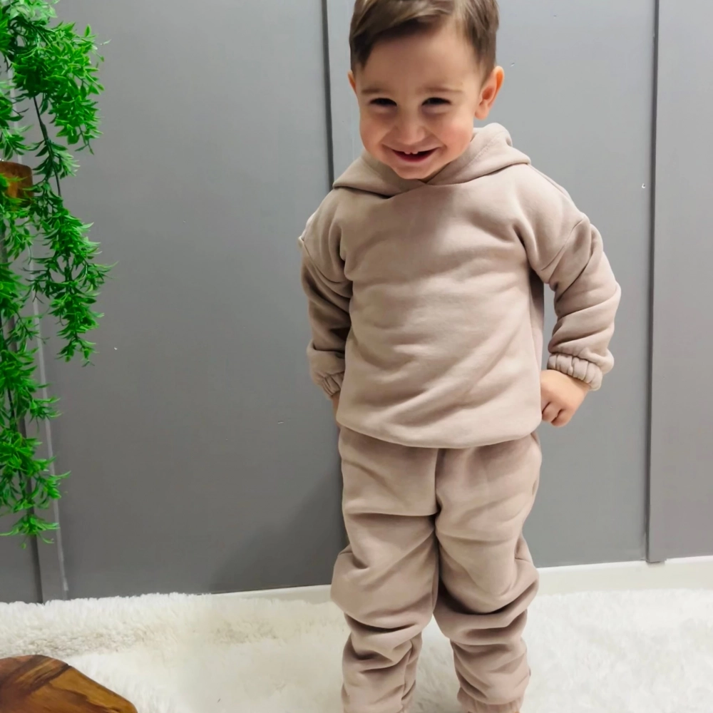 Kışlık Kapüşonlu Polar Çocuk Takım | Bej