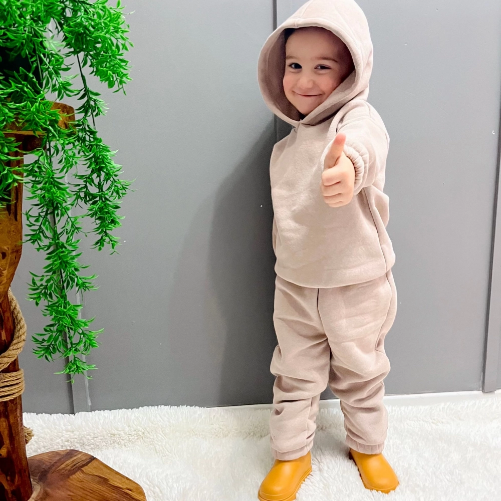 Kışlık Kapüşonlu Polar Çocuk Takım | Bej