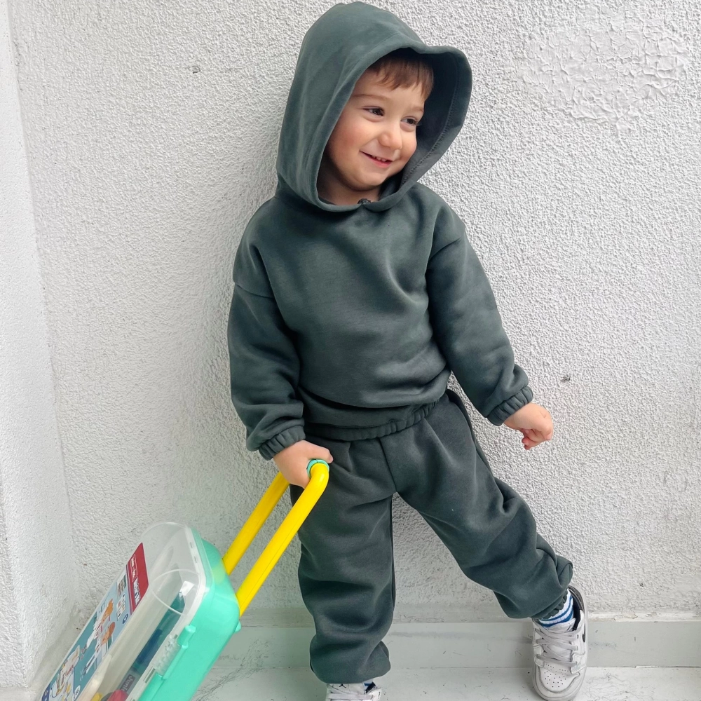 Kışlık Kapüşonlu Polar Çocuk Takım | Haki